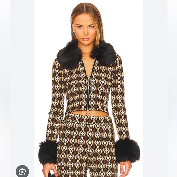 Show Me Your MuMu Jackets & Blazers - Show Me Your Mumu Zermatt Zip Up in Neutral Geo Jacquard Faux Fur